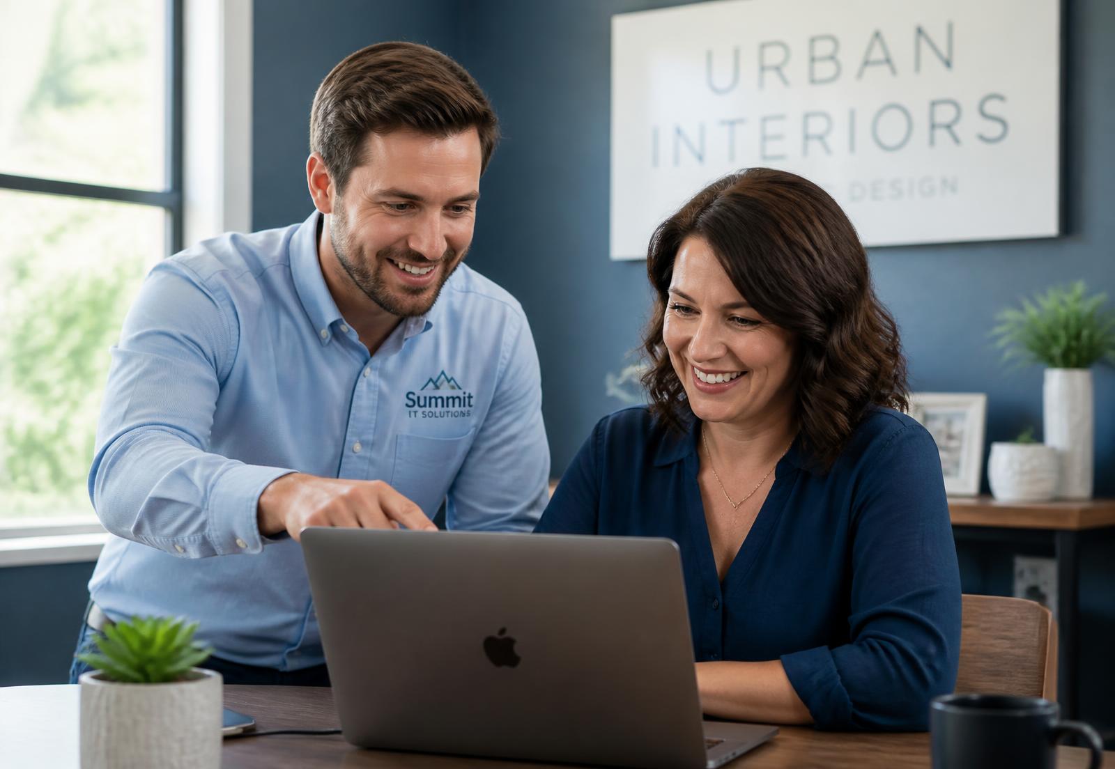 An IT technician helping a business owner with a laptop in a bright office
